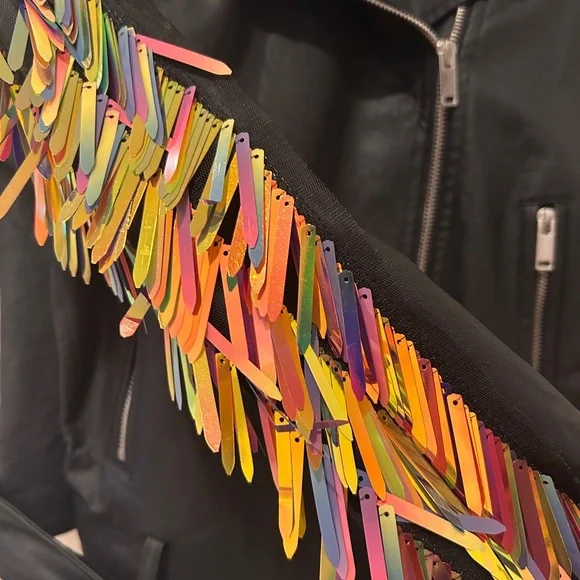 Black Faux-Leather Jacket with Colorful Sequin Fringe Missguided Size US 8 - Picture 2 of 5